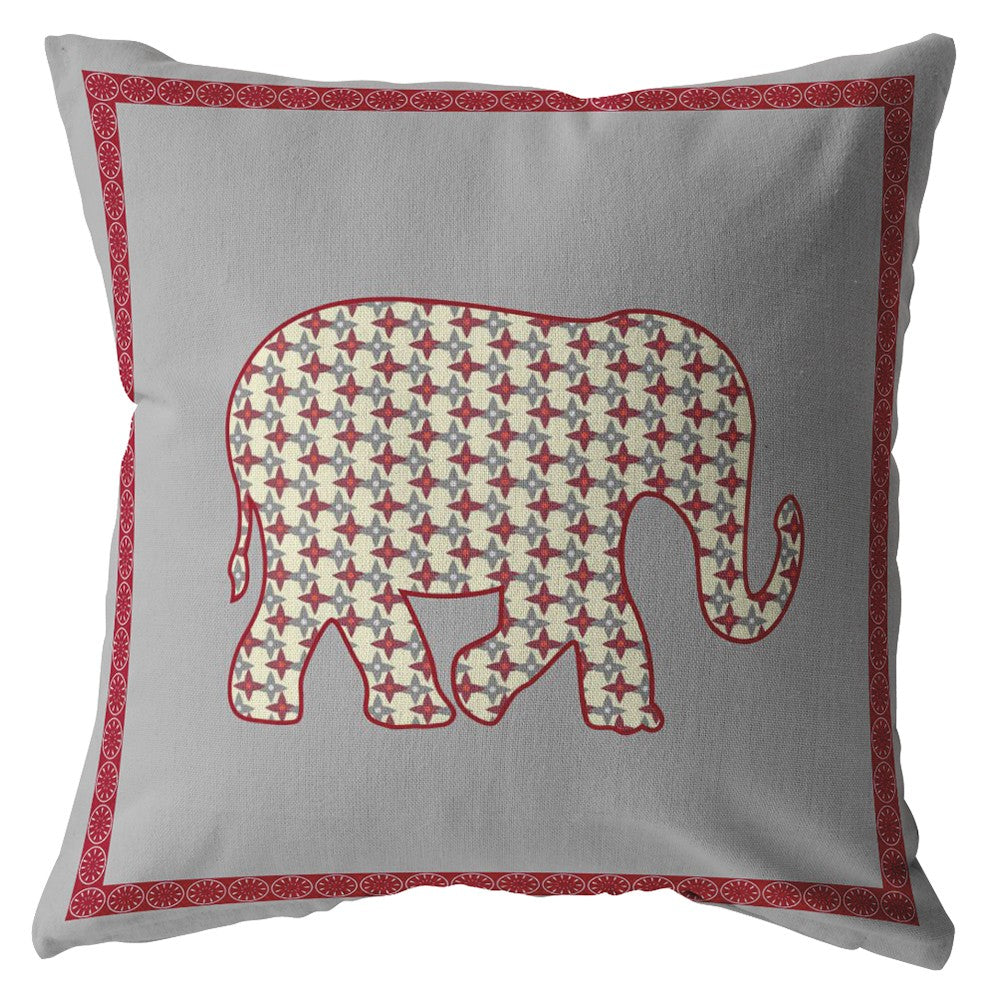 16” Red Gray Elephant Zippered Suede Throw Pillow