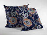 16” Indigo Orange Floral Suede Zippered Throw Pillow