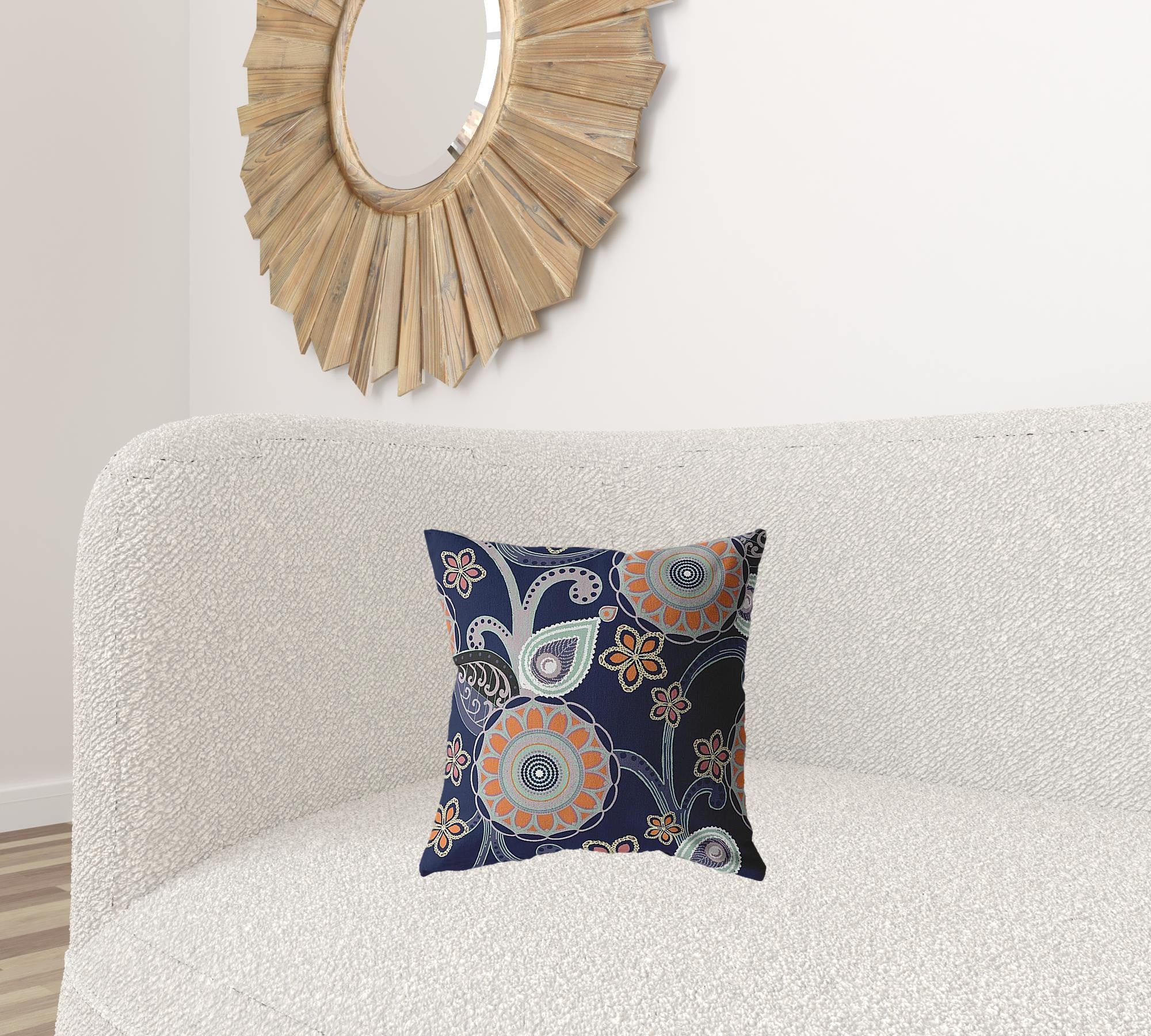 16” Indigo Orange Floral Suede Zippered Throw Pillow