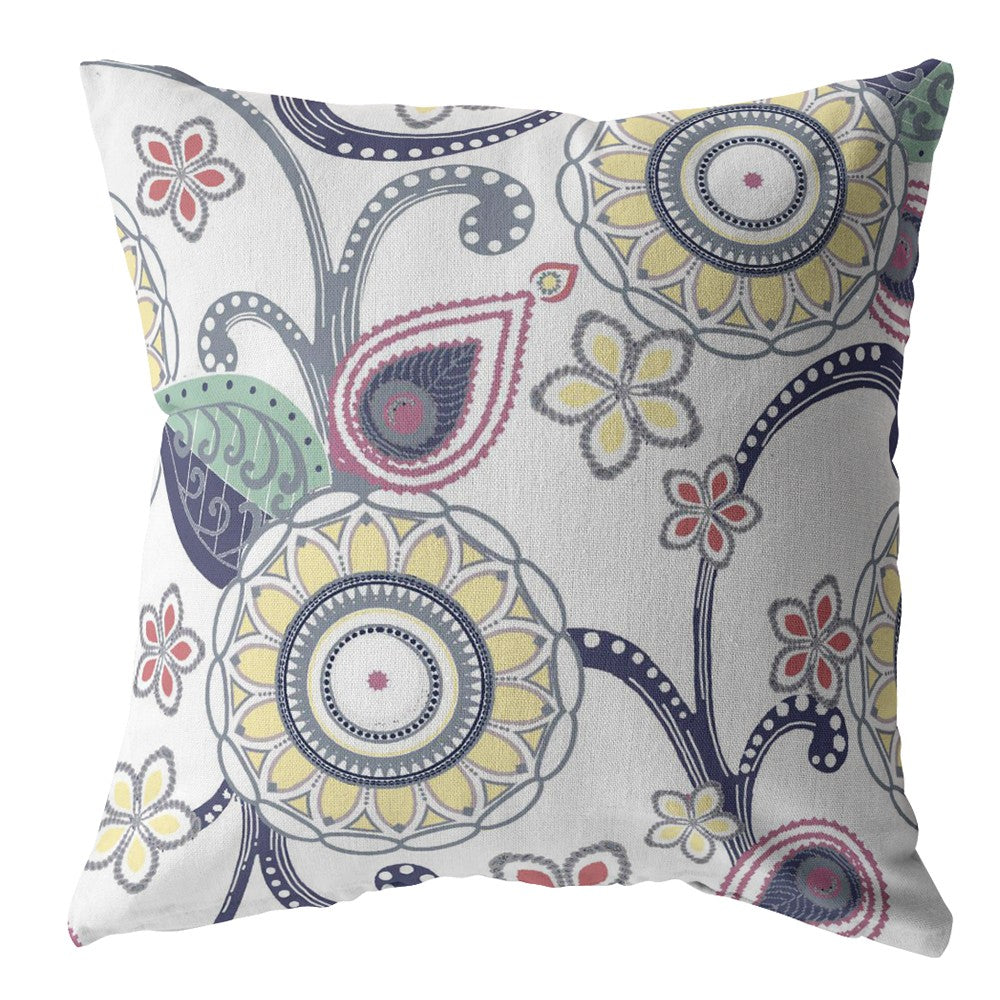 16” White Yellow Floral Suede Zippered Throw Pillow