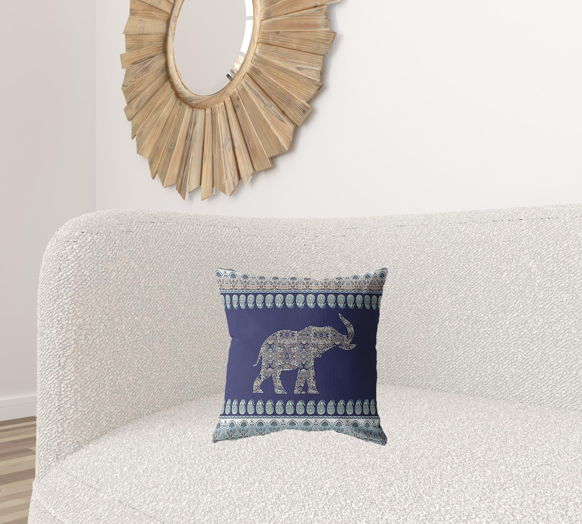 16” Navy Ornate Elephant Zippered Suede Throw Pillow