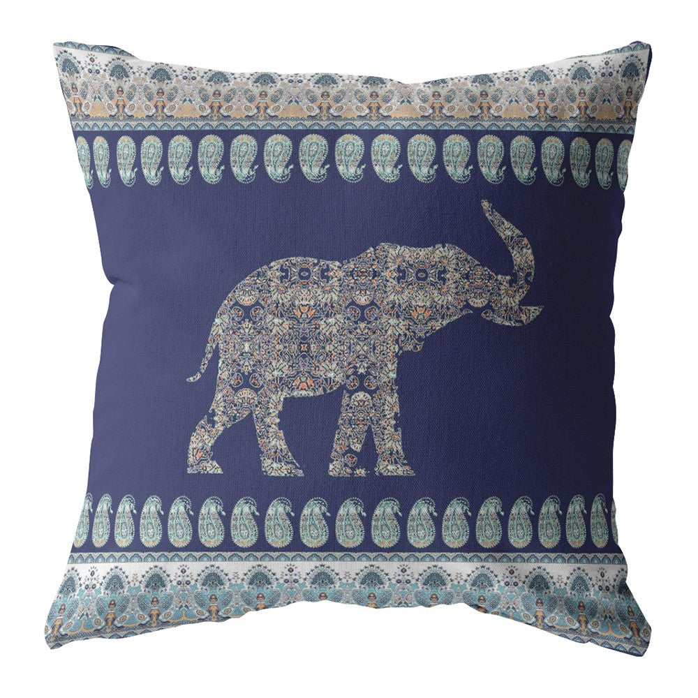 18” Navy Ornate Elephant Zippered Suede Throw Pillow