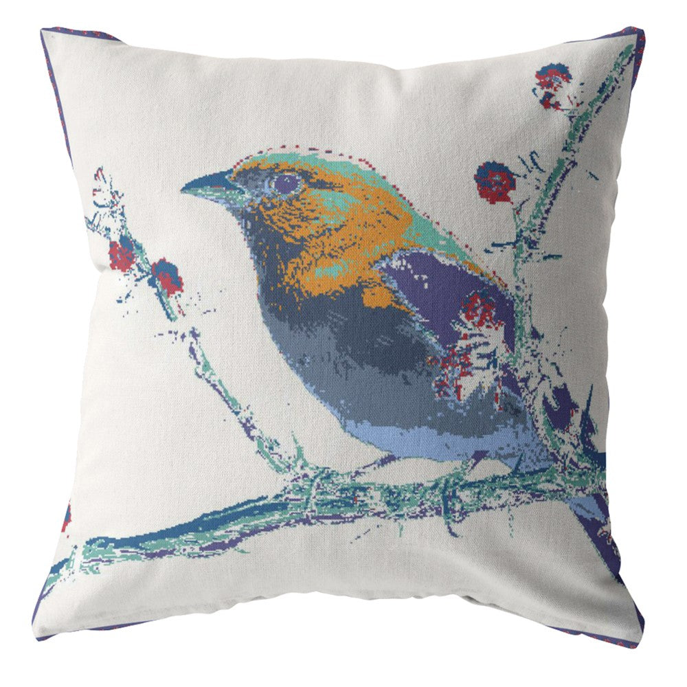 16” Blue White Robin Zippered Suede Throw Pillow