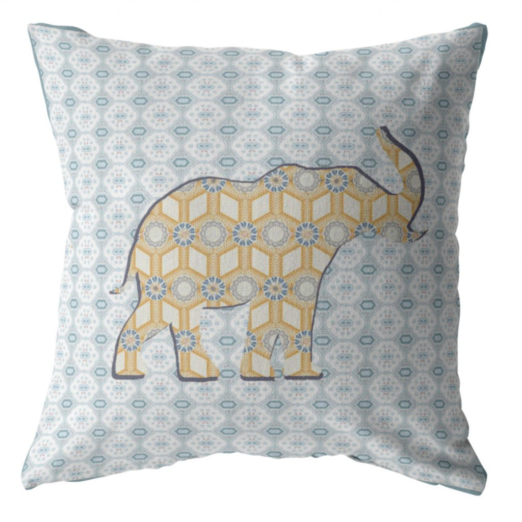 18" Blue Yellow Elephant Zip Suede Throw Pillow