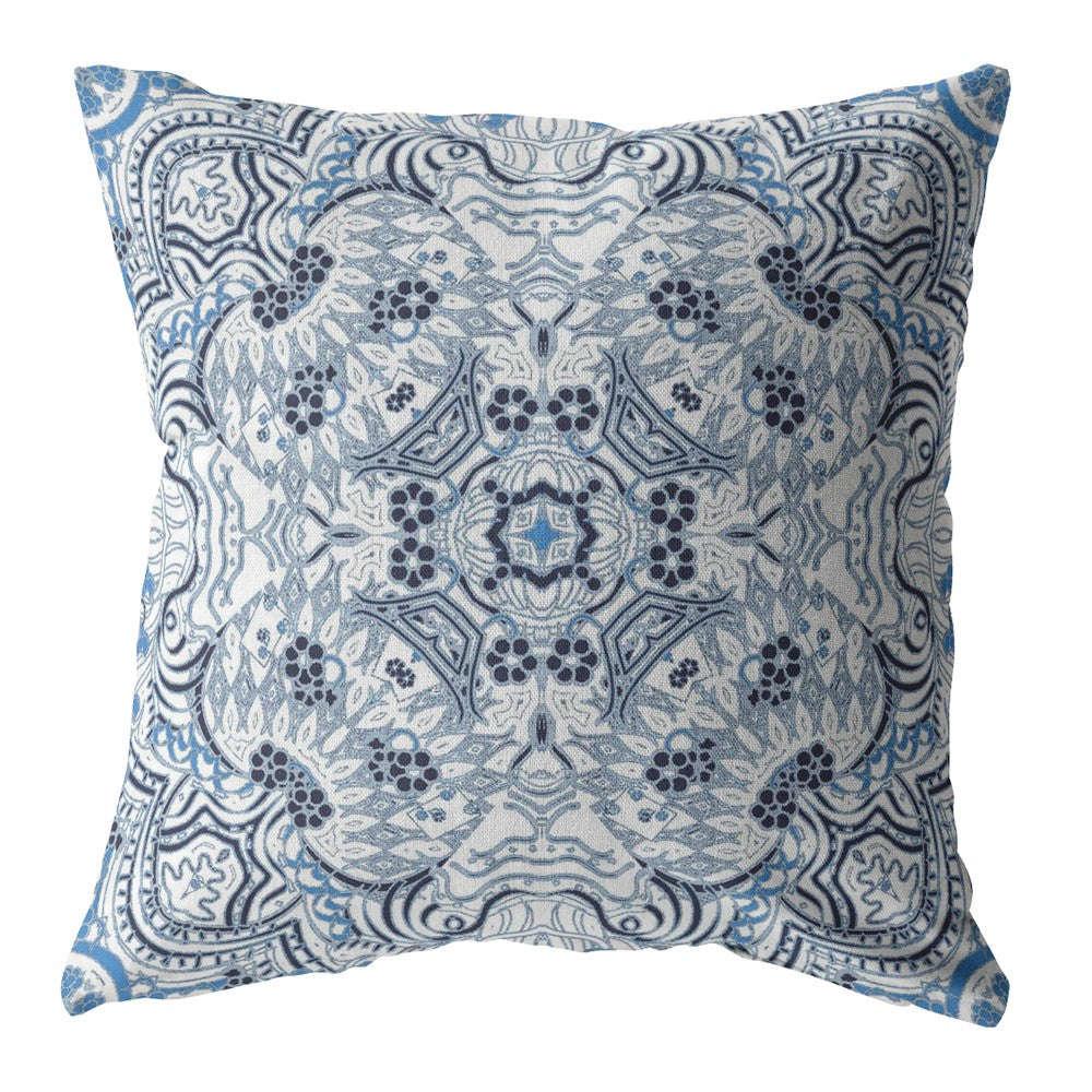 16” Light Blue Boho Ornate Zippered Suede Throw Pillow