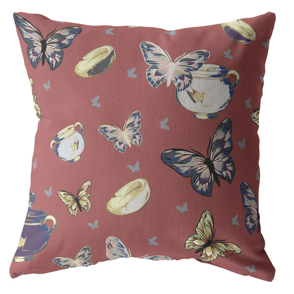 18" Copper Rose Butterflies Zippered Suede Throw Pillow