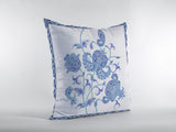 18” Blue White Wildflower Zippered Suede Throw Pillow