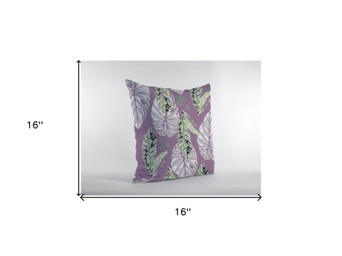 16” White Purple Tropical Leaf Zippered Suede Throw Pillow