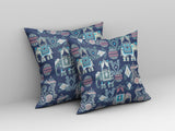 16" Blue Gray Tribal Indoor Outdoor Zip Throw Pillow