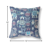 16" Blue Gray Tribal Indoor Outdoor Zip Throw Pillow