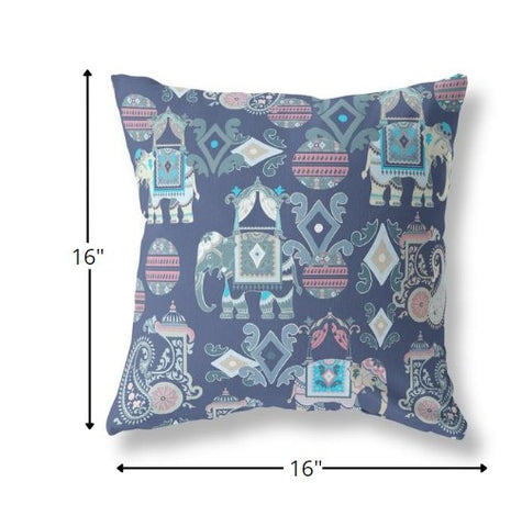 16" Blue Gray Tribal Indoor Outdoor Zip Throw Pillow