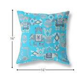 16" Cyan Gray Tribal Indoor Outdoor Zip Throw Pillow