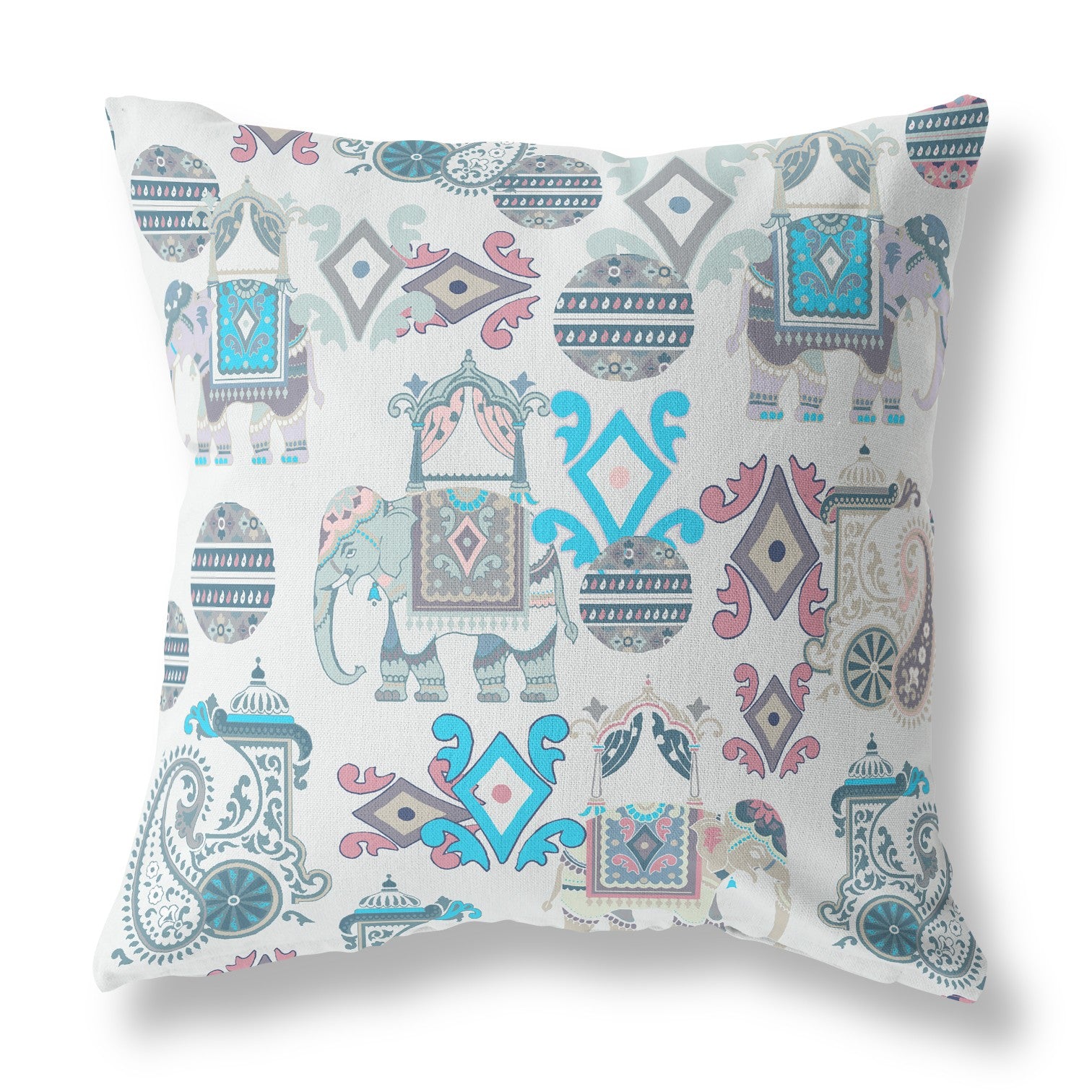 16" White Cyan Tribal Indoor Outdoor Zip Throw Pillow