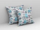 18" White Cyan Tribal Indoor Outdoor Zip Throw Pillow