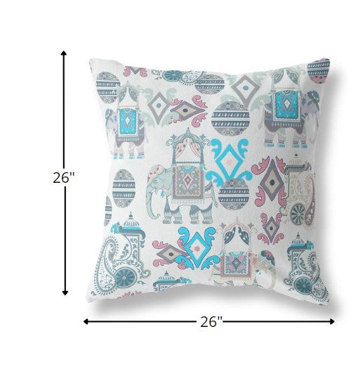 18" White Cyan Tribal Indoor Outdoor Zip Throw Pillow