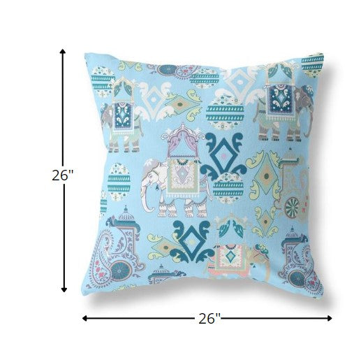 18" Sky Blue Tribal Indoor Outdoor Zip Throw Pillow