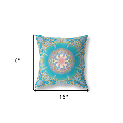 16” Blue Gold Jewel Indoor Outdoor Zippered Throw Pillow