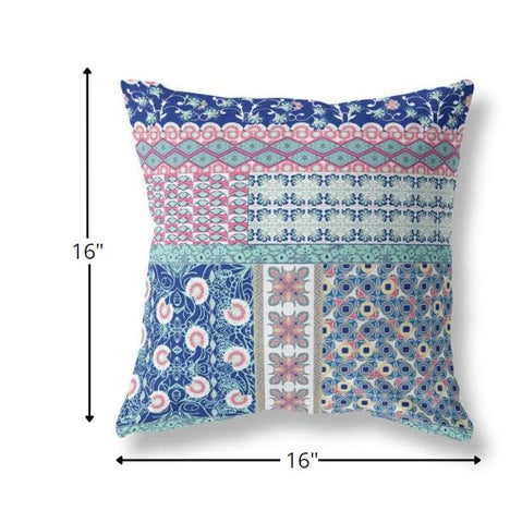 16” Blue Pink Patch Indoor Outdoor Zippered Throw Pillow