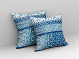 16” Blue White Patch Indoor Outdoor Zippered Throw Pillow