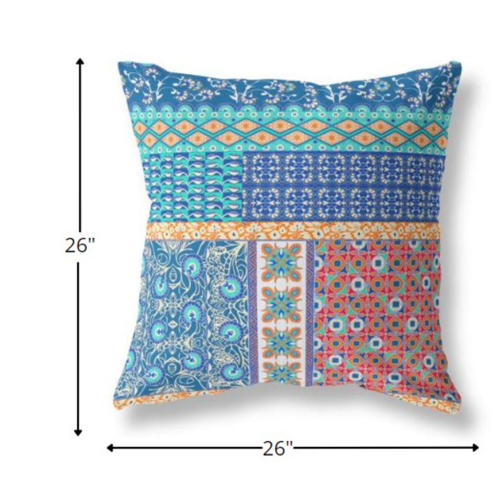 18” Blue Orange Patch Indoor Outdoor Zippered Throw Pillow