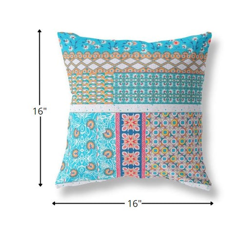 16” Turquoise White Patch Indoor Outdoor Zippered Throw Pillow