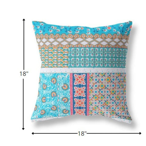 18” Turquoise White Patch Indoor Outdoor Zippered Throw Pillow