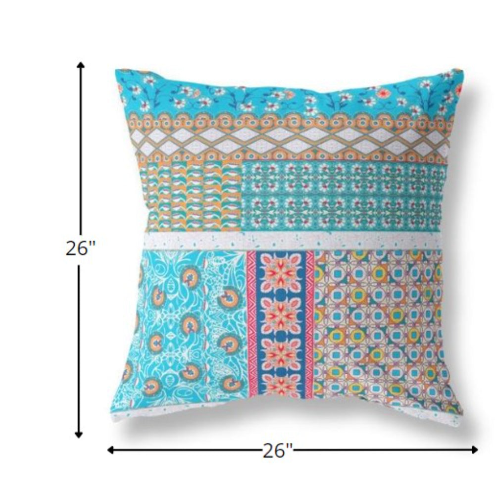 18” Turquoise White Patch Indoor Outdoor Zippered Throw Pillow