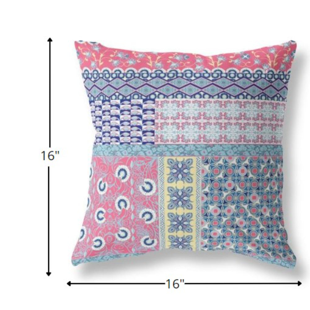 16” White Pink Patch Indoor Outdoor Zippered Throw Pillow