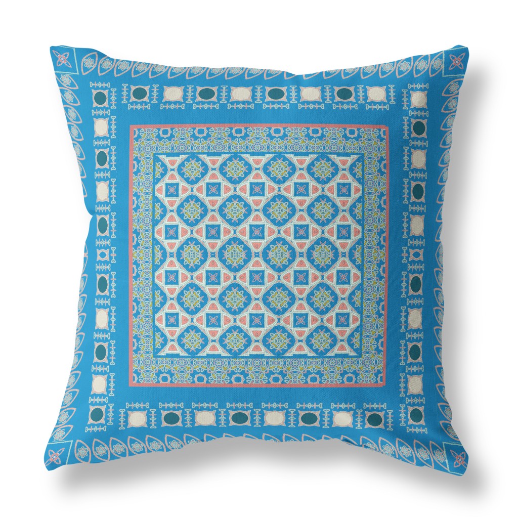 16” Blue Pink Block Indoor Outdoor Zippered Throw Pillow