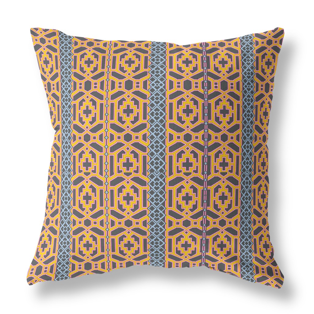 16" X 16" Brown And Yellow Zippered Trellis Indoor Outdoor Throw Pillow