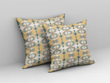 16” Tan Blue Patterned Indoor Outdoor Zippered Throw Pillow