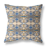 16” Brown Blue Patterned Indoor Outdoor Zippered Throw Pillow