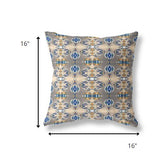 16” Brown Blue Patterned Indoor Outdoor Zippered Throw Pillow