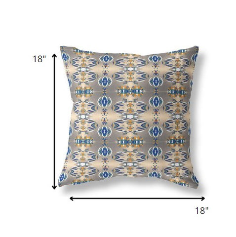 18” Brown Blue Patterned Indoor Outdoor Zippered Throw Pillow