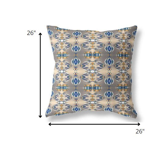 18” Brown Blue Patterned Indoor Outdoor Zippered Throw Pillow