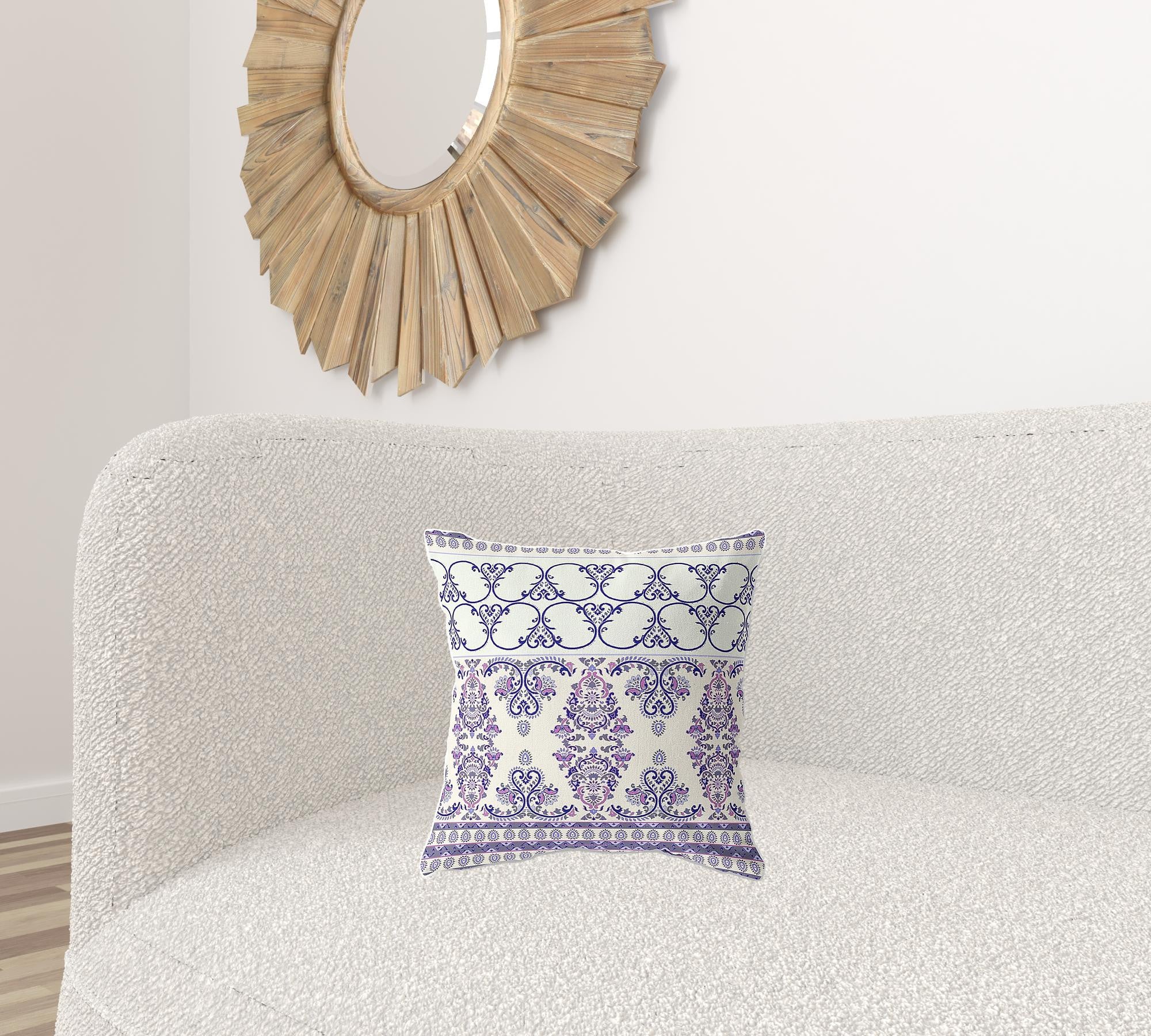 16"x16" Off White And Purple Gray Zip Broadcloth Damask Throw Pillow