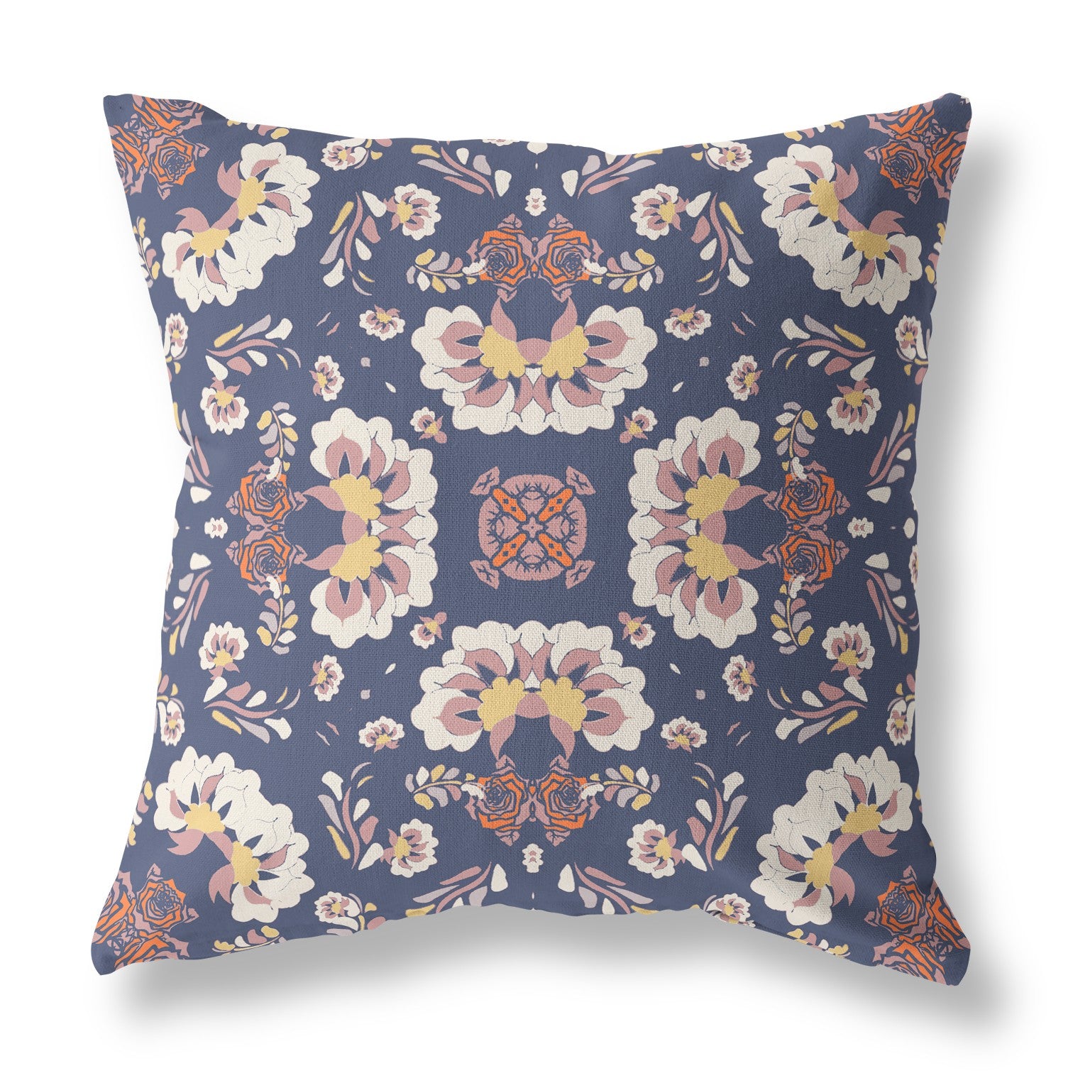 16" Blue White Floral Indoor Outdoor Zip Throw Pillow