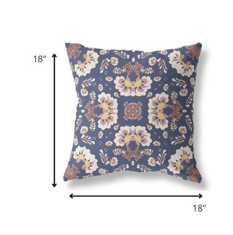 18" Blue White Floral Indoor Outdoor Zip Throw Pillow