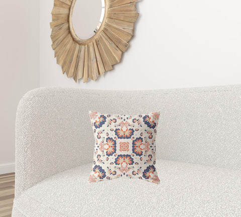 16" X 16" Off White And Blue Zippered Floral Indoor Outdoor Throw Pillow