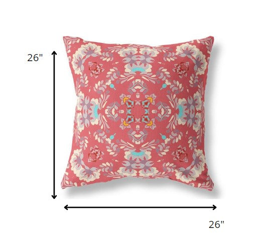 18" Red White Filigree Indoor Outdoor Zip Throw Pillow