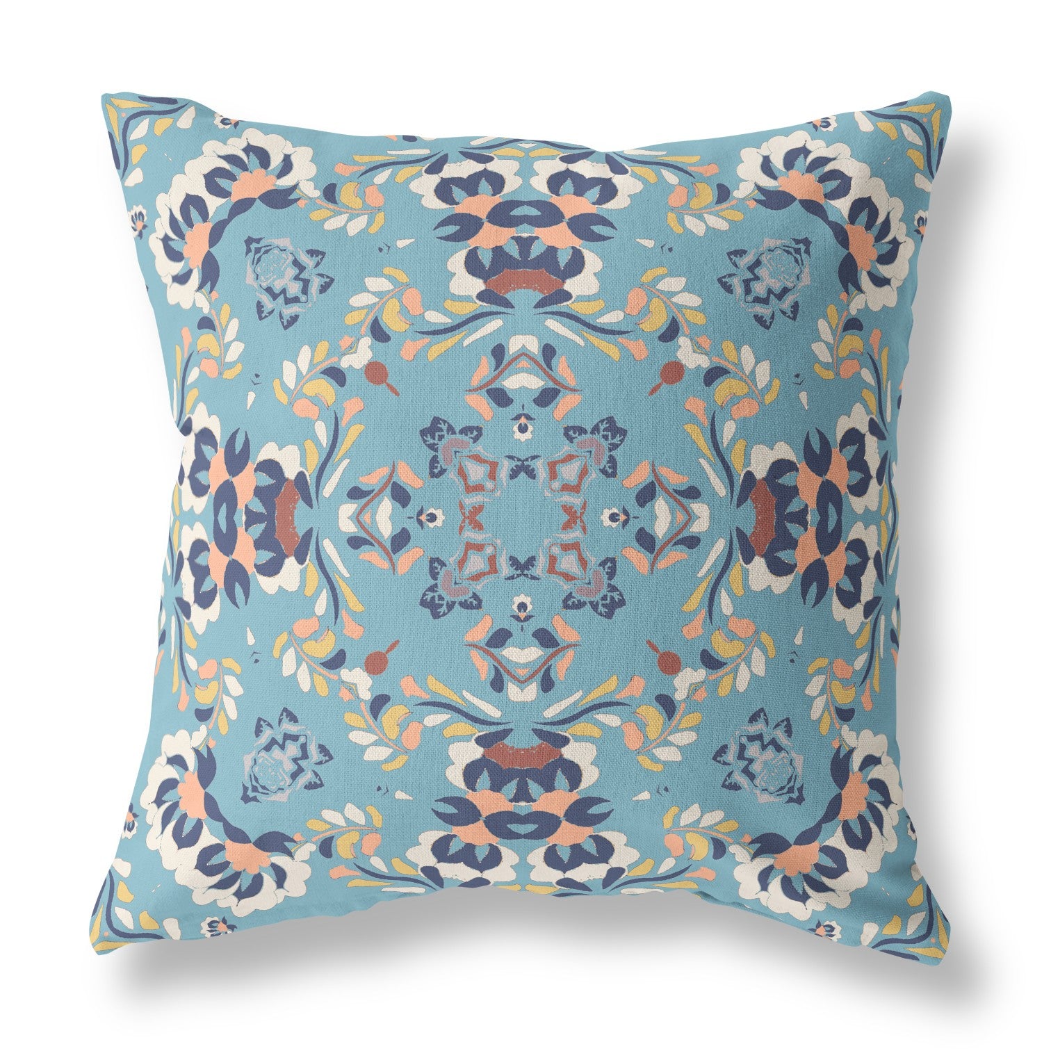 18" Blue Peach Filigree Indoor Outdoor Zip Throw Pillow