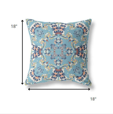 18" Blue Peach Filigree Indoor Outdoor Zip Throw Pillow