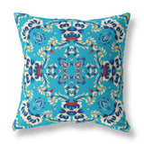 18" Cyan Blue Filigree Indoor Outdoor Zip Throw Pillow