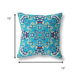 18" Cyan Blue Filigree Indoor Outdoor Zip Throw Pillow