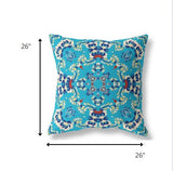 18" Cyan Blue Filigree Indoor Outdoor Zip Throw Pillow