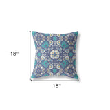 18" X 18" Blue And White Zippered Floral Indoor Outdoor Throw Pillow