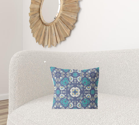 18" X 18" Blue And White Zippered Floral Indoor Outdoor Throw Pillow