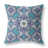 18" X 18" Blue And White Zippered Floral Indoor Outdoor Throw Pillow