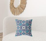 18" X 18" Blue And White Zippered Floral Indoor Outdoor Throw Pillow