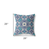 18" X 18" Blue And White Zippered Floral Indoor Outdoor Throw Pillow